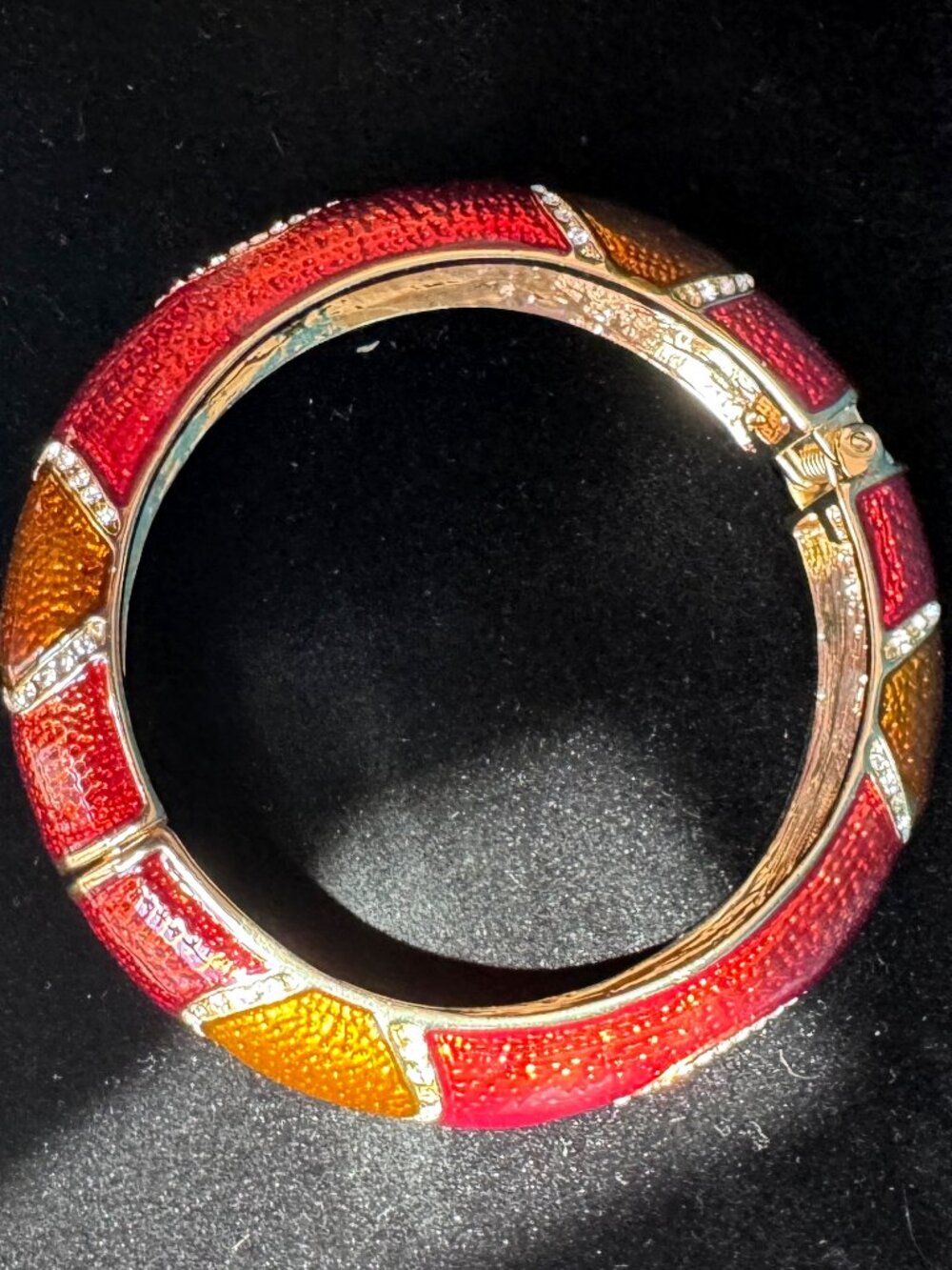 IMAN Signed Red Orange Rhinestone Enamel Hinged Bangle Bracelet